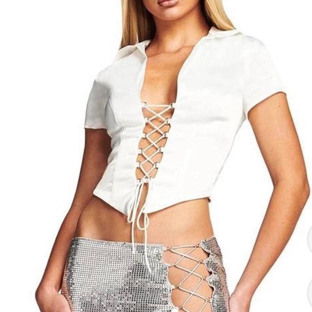 I.AM.Gia White Satin Lace-Up Women's Top - XXS
